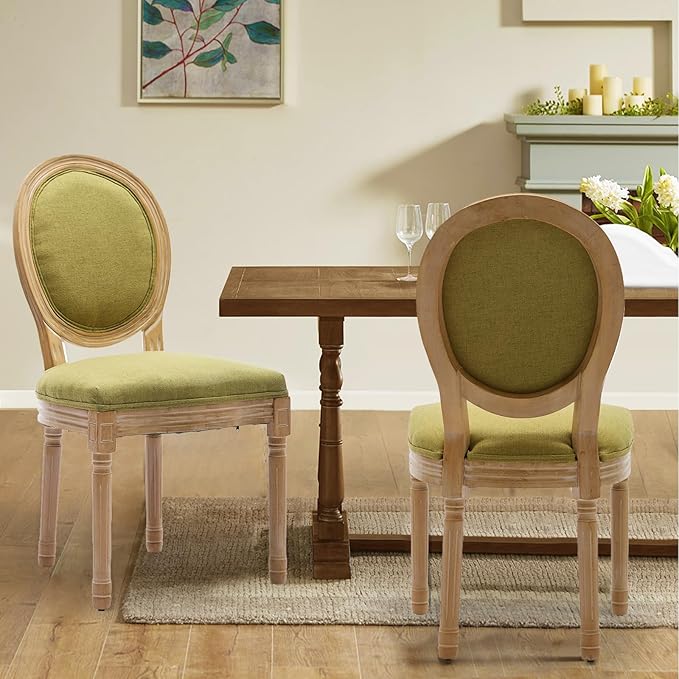 Linen Upholstered Dining Chairs Set of 2 French Country Oval Fabric Back Kitchen Side Chair with Wood Legs for Dining Room, Kitchen, Restaurant(Olive Green-Fabric)