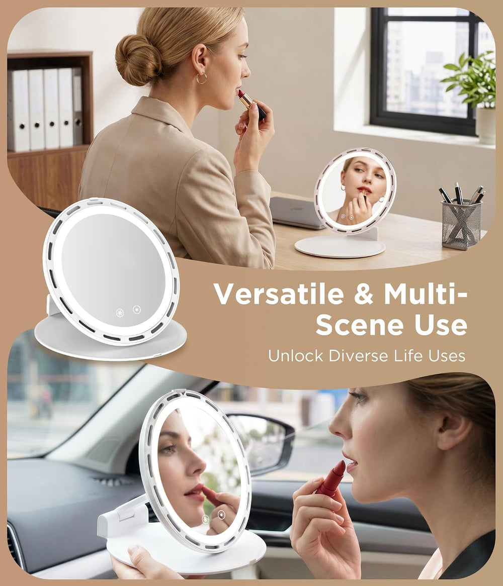 Travel Makeup Mirror with Fan, Rechargeable, 3 Color Dimmable Lighting