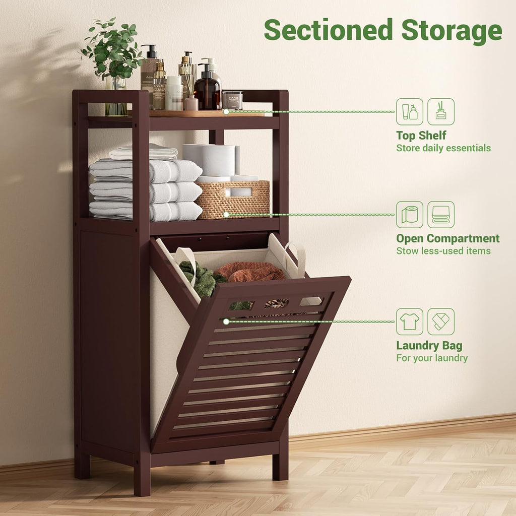 Homykic Tilt Out Laundry Hamper Cabinet, 10 Gal Bamboo Laundry Cabinet with Removable Basket, Hidden Hamper Organizer with Shelf for Dirty Clothes, Bathroom, Laundry Room, Space Saving, Espresso
