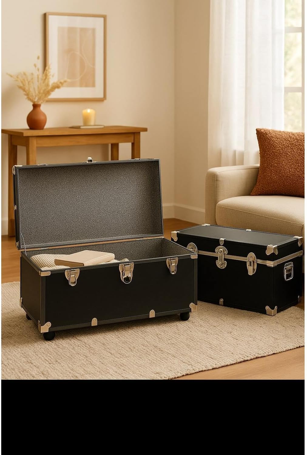 HomeStock Rustic Romance Heavy Duty 30" Under Bed College Storage Trunk with Lock, Latch Closure Type, 15.75" D x 30" W x 12.25" H, Ideal Camp Dorm Room Trunk Footlocker Black