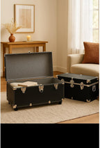 HomeStock Rustic Romance Heavy Duty 30" Under Bed College Storage Trunk with Lock, Latch Closure Type, 15.75" D x 30" W x 12.25" H, Ideal Camp Dorm Room Trunk Footlocker Black