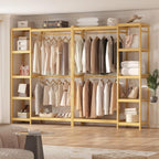 Homykic Bamboo Clothes Rack Garment Rack for Hanging Clothes, Heavy Duty Clothing Rack with 7 Tiers Adjustable Shelves, Double Rods, 4 Hooks, Freestanding Closet System Organizer Wardrobe, Natural