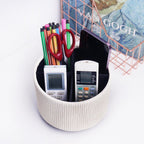 Round Leather Art Supply Organizer,Remote Control Holder,360 Degree Spinning,Multi-Functional Pencil Holder,4 Compartments Desktop Stationary Organizer(1-Wood Beige)