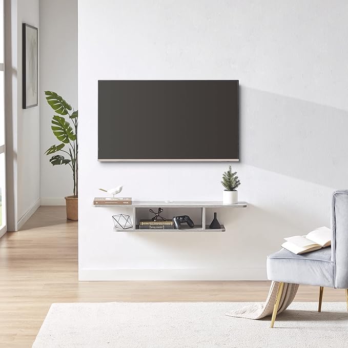 GHC Floating TV Stand, Wall Mounted Entertainment Center and Cabinet Shelf, TV Console with Storage, Media Console for DVD Player, Space-Saving Under TV Shelf for Bedroom, Living Room (Grey)