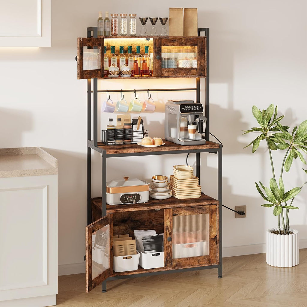 HOOBRO Bakers Rack with Storage Cabinet, 5-Tier Coffee Bar with Power Outlet and LED Lights, Industrial Microwave Oven Stand with Shelves, Kitchen Storage Shelf, Rustic Brown and Black BF13UDHB01