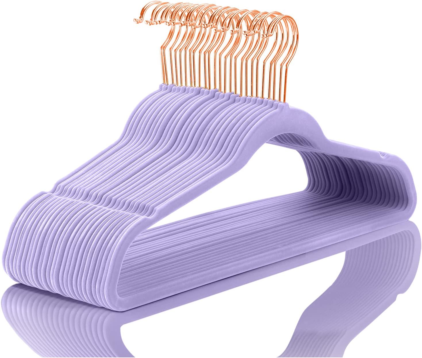 MIZGI Premium Velvet Hangers (50 Pack) Heavy Duty - Non Slip Felt Hangers - Velvet Suit Hanger Light Purple - Rose Gold Hooks,Space Saving Clothes Hanger