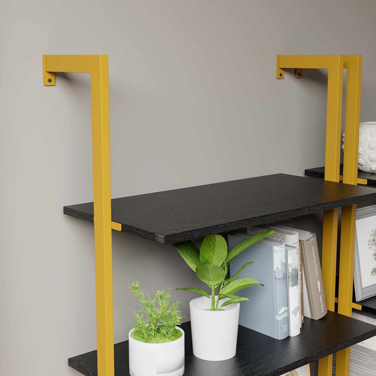 5-Tier Ladder Shelf Wall Mount, Wall Bookcase with 5 Open Shelves for Living Room Bedroom, Narrow Ladder Shelf for Small Spaces, Sturdy Metal Frame Bookshelf for Home Office and Collectors