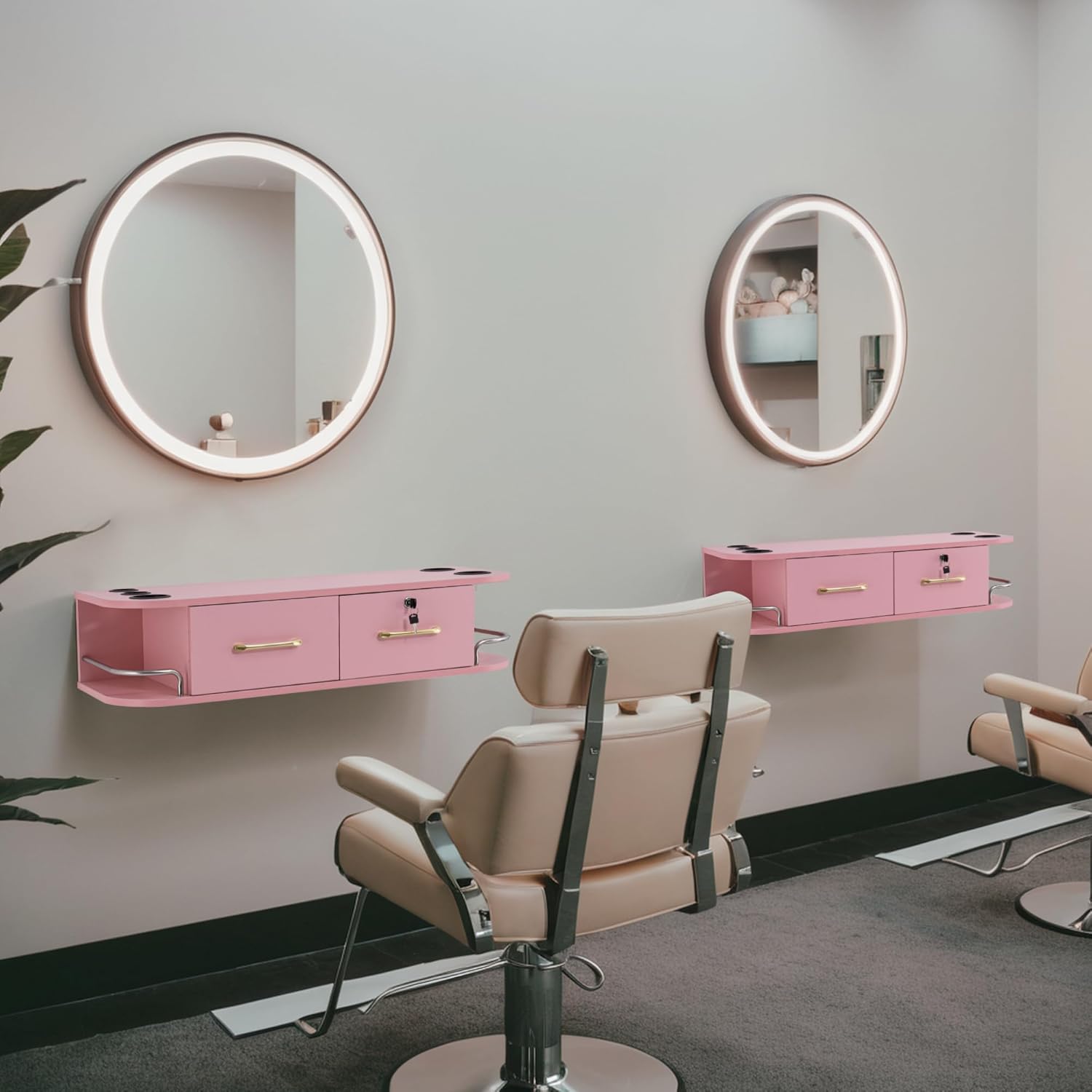 BarberPub Beauty Locking Wall Mount Styling Station, Barber Salon Station with Hair Dryer Holders, Spa Storage Floating Equipment with 2 Drawers 5012 (Pink)