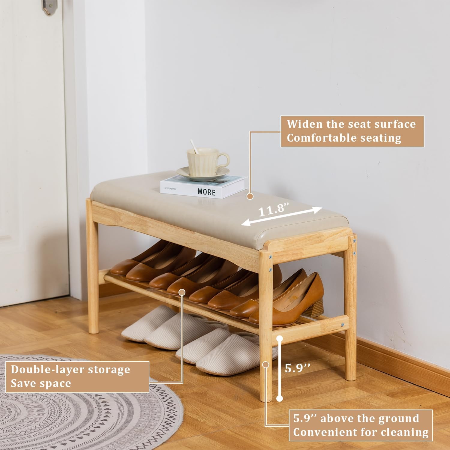 SOBIBO 2-Tier Entryway Shoe Rack Bench, Rubber Wood, Beige & Natural, 31.5" | 8–12 Pairs Capacity, Double-layer Storage, High-density Sponge Cushion, Ideal for Entryway, Hallway, Bedroom