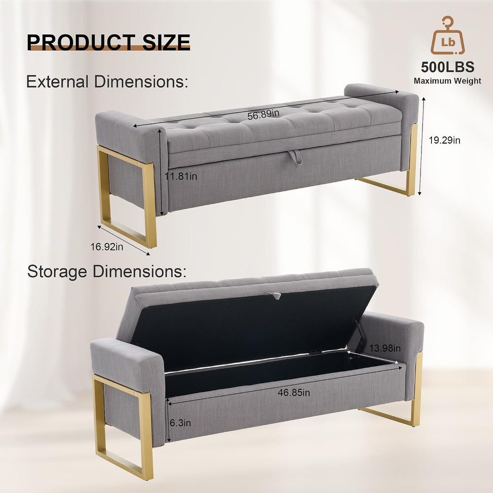 57" Storage Ottoman Bench，Upholstered Linen End of Bed Bench Entryway St...