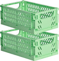 2-Pack Small Pastel Plastic Storage Baskets, Collapsible Crates for Organizing, Space-Saving Mini Bins for Classroom, Kitchen, Office, Bedroom (Green, 9.8" x 6.5" x 3.8")