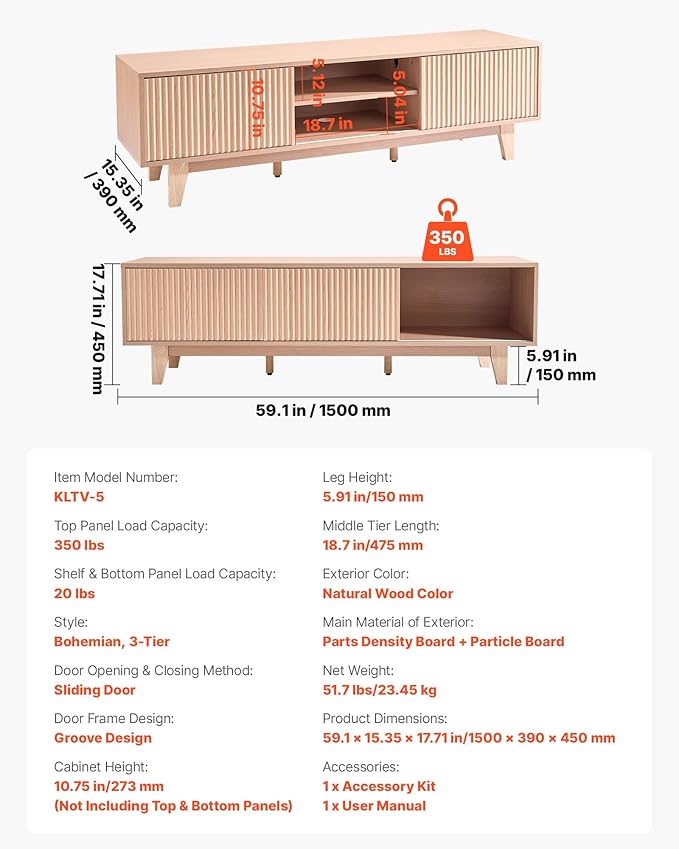 VEVOR 59" Fluted TV Stand, Boho Entertainment Center for 55/60/65 inch TVs, Mid Century Modern Media Console TV Storage Cabinet with Sliding Door and Adjustable Open Shelves, for Living Room, Bedroom