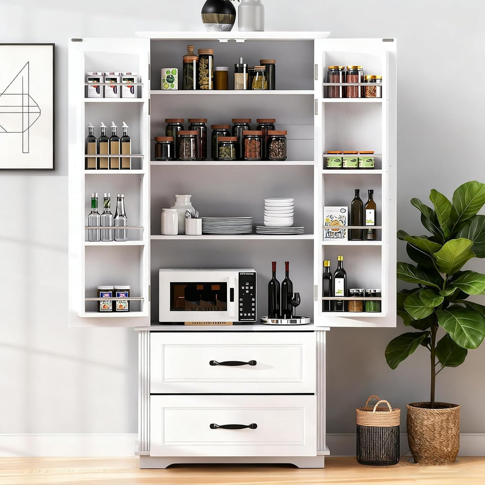 71" Tall Farmhouse Pantry Cabinet, Wood Storage Cabinet with 2 Doors, 2 ...