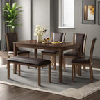 Dining Table Set for 5, 6-Piece Kitchen Table & Chairs Set with Rectangular Table, Bench & 4 Upholstered Chairs, 58'' Dinner Set with Rubber Wood Legs & Curved Backrest for Kitchen, Walnut