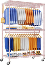P8 Heavy Duty Clothes Rack（With Extended Width Design） Rolling Clothing Racks for Hanging Clothes，Portable Garment Rack with Lockable Wheels，51.2" W x 15.8" D x 80.5" H，Max Load 700LBS，Pink