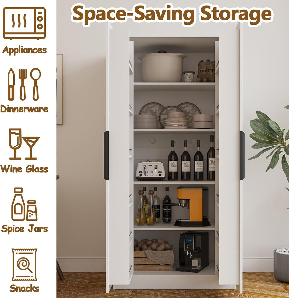 63” Tall Kitchen Pantry Cabinet, Pantry Storage Cabinet with Doors & Shel...