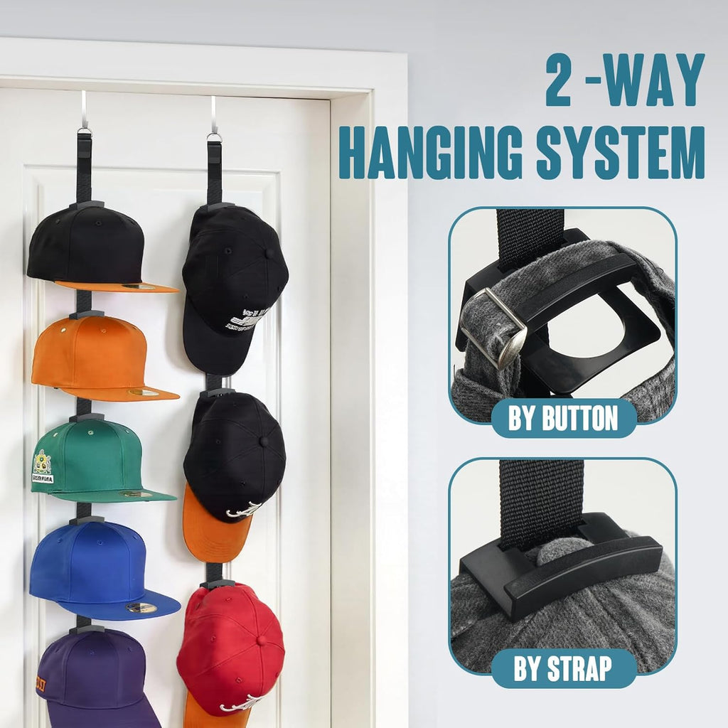 2Pack Hat Organizer for Baseball Caps, Hat Rack for Wall with Display Hooks - Organizador de Gorras for Closet Door, Bedroom and Entrance (Black)