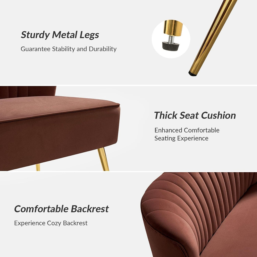 TINA'S HOME Mid-Century Velvet Loveseat Sofa, Upholstered Loveseat Couch with Golden Metal Legs, Small Tufted 2-Seat Sofa Armless Love Seat for Living Room Bedroom, Burn Brick