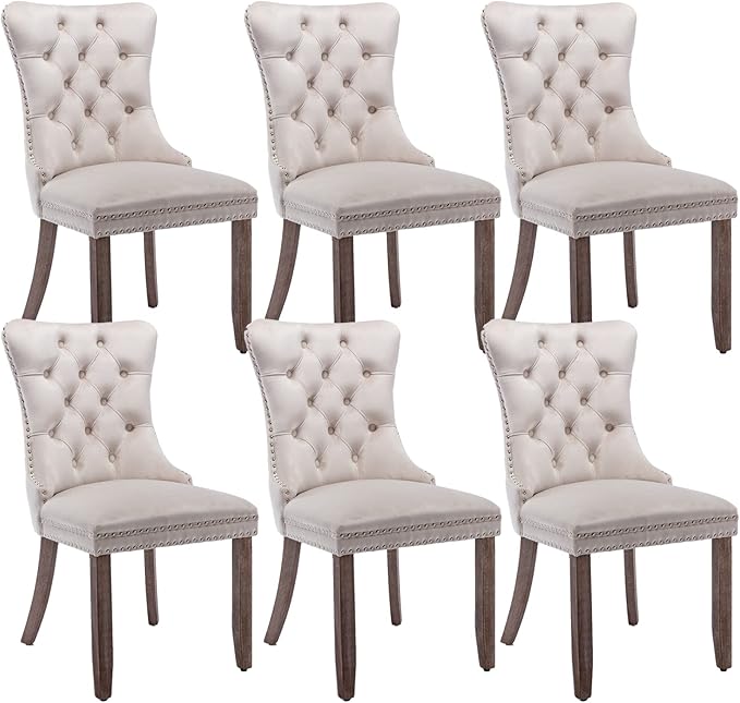 Beige Velvet Dining Chairs Set of 6, Upholstered Dining Room Chairs with Back Ring Pull Trim and Solid Wood Legs, Tufted Wingback Kitchen Chairs for Dining Room,Living Room,Kitchen(Beige)