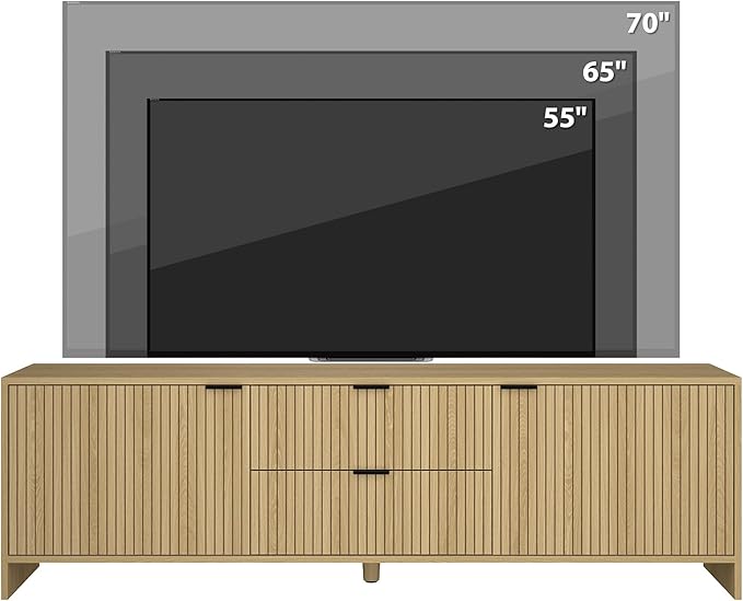 Fluted TV Stand for TVs up to 70",Modern TV Console with 2 Drawers,Wood Entertainment Center with Storage Cabinets & Adjustable Shelves for Living Room,Natural Oak