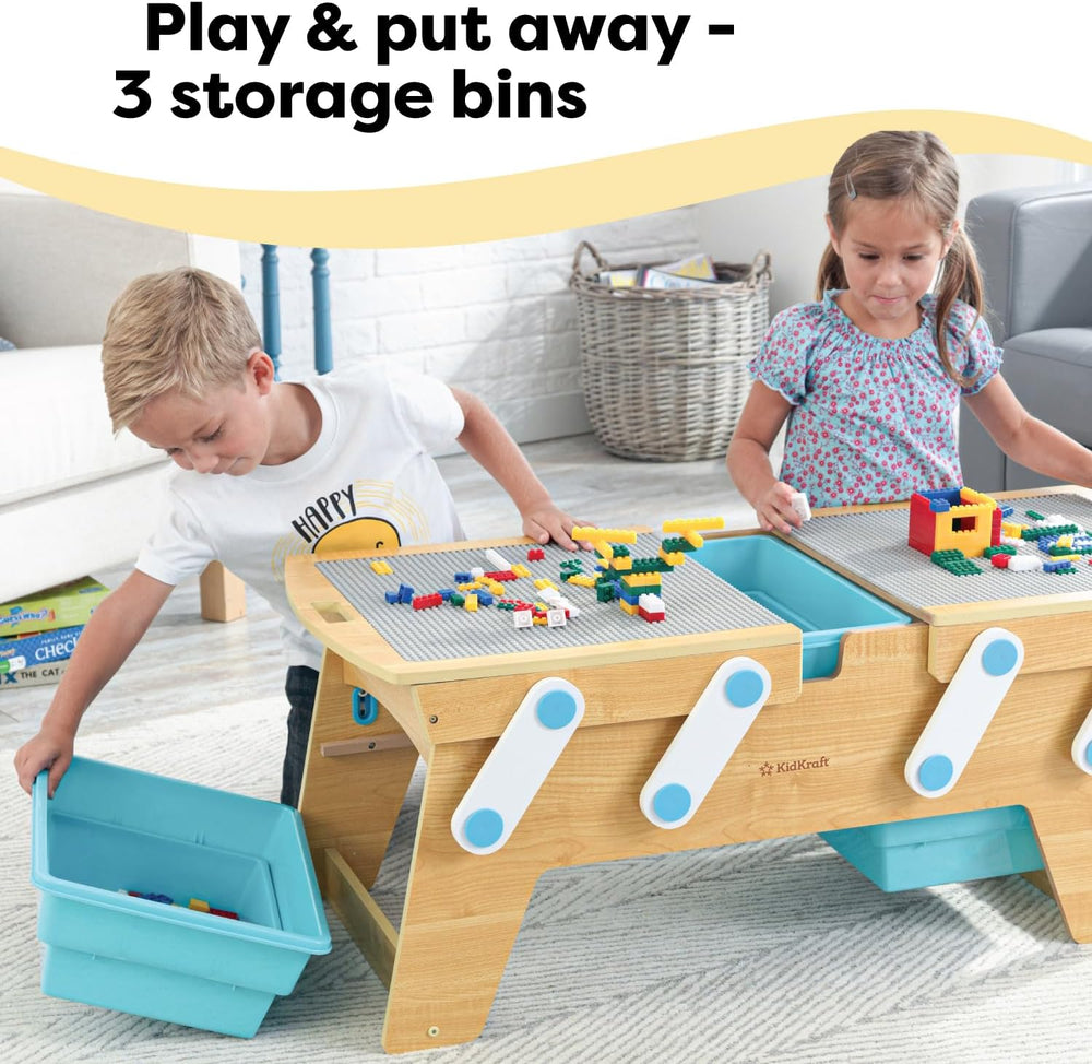 KidKraft Building Bricks Play N Store Wooden Table with 200+ Bricks, 3 Bins