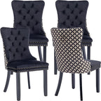 Modern Dining Chairs Set of 4, Tufted Upholstered Dining Chair with Solid Wood Legs, Two-Tone Velvet Accent Chair, Sillas de Comedor, Comfy Kitchen Chairs (Black+Pattern, 4Pcs)