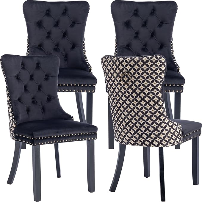 Modern Dining Chairs Set of 4, Tufted Upholstered Dining Chair with Solid Wood Legs, Two-Tone Velvet Accent Chair, Sillas de Comedor, Comfy Kitchen Chairs (Black+Pattern, 4Pcs)