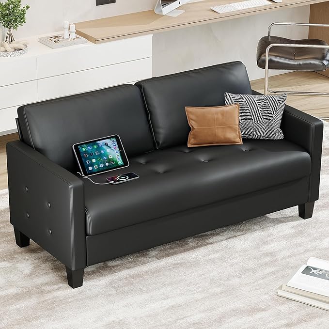 STHOUYN 59” Black Faux Leather Sofa Couch, Modern Comfy Office 2 Seater Couch Loveseat with USB & Tufted Armrest, Small Love Seat Couches for Living Room, Bedroom, Apartment