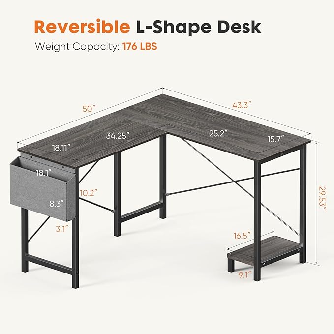 Sweetcrispy L Shaped Desk Gaming Computer 50 Inch Reversible Corner PC Work Table for Writing Study Student with Wood Tabletop Metal Frame CPU Stand Side Bag for Home Office Small Space, Grey
