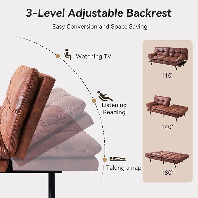 71" Convertible Futon Sofa,Faux Leather Futon Couch Bed,Sleeper Sofa Bed,Memory Foam Modern Folding Small Loveseat for Living Room,Office,Apartment,Classic Brown