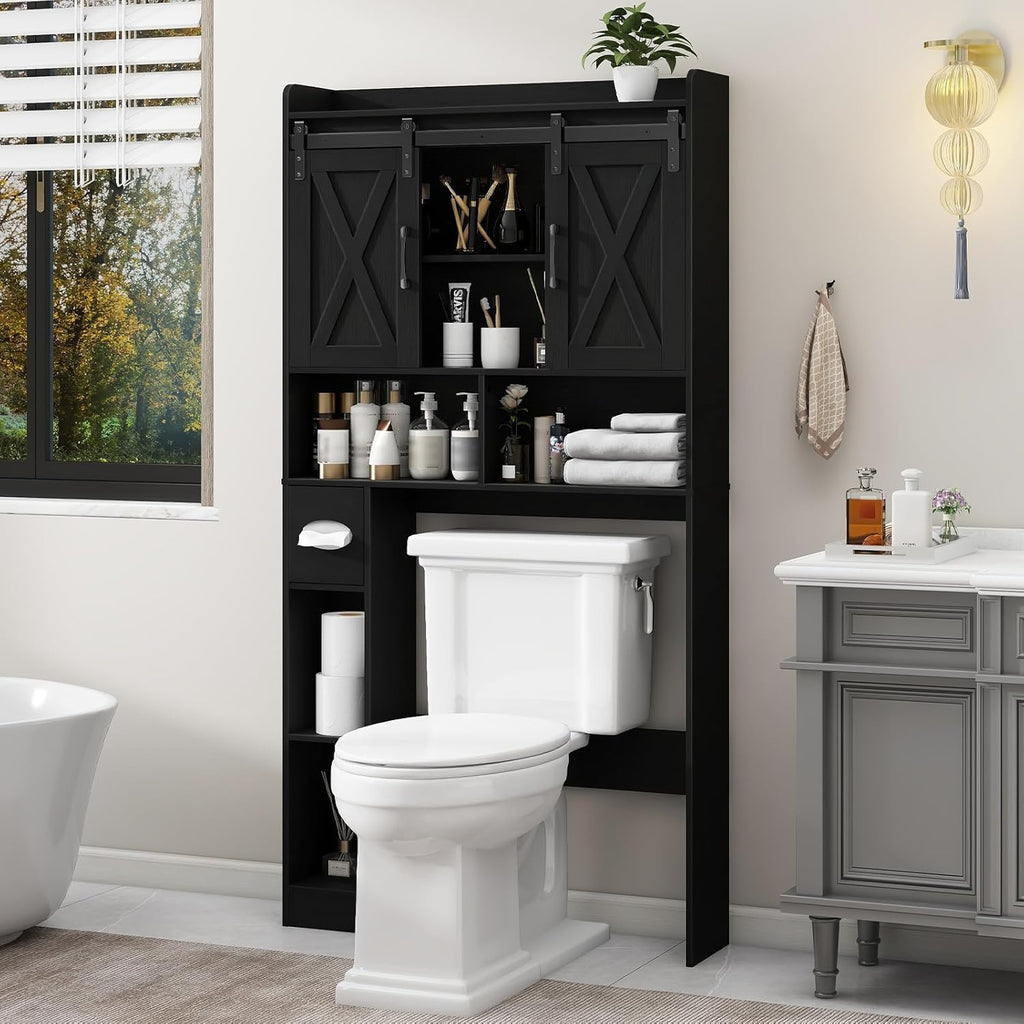 Vabches Over The Toilet Storage Cabinet, Farmhouse Storage Cabinet Over Toilet with Sliding Doors & Toilet Paper Holder Stand，Home Space-Saving Toilet Rack, for Bathroom, Laundry and Restroom.Black
