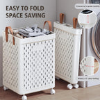 UAK Laundry Basket with Wheels, Collapsible Plastic Laundry Hamper with Handle, Foldable Laundry Basket Organizer for Laundry and Bathroom (‌Pure white, XXL)
