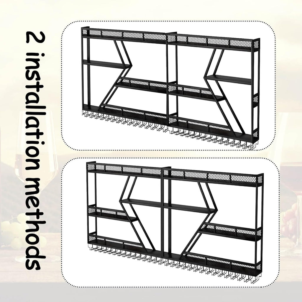 79in Wall Mounted Wine Rack, Large Metal Wine Bottle Holder, 3 Tier Modern Fashion Diamond Shaped Floating Bar Unit Wine Storage Shelves, for Home Restaurant Bars Decor (Black, 3 Tier - 79in)