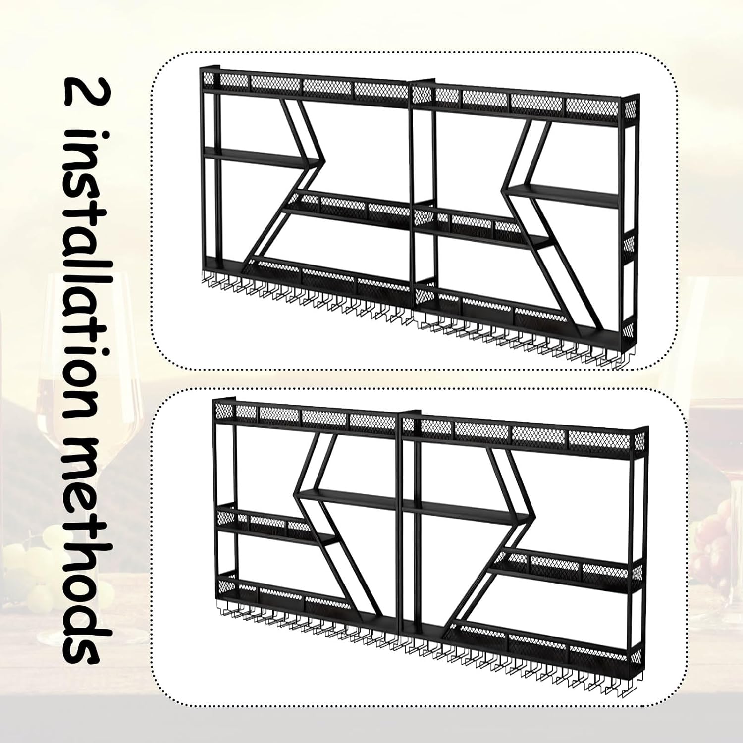 79in Wall Mounted Wine Rack, Large Metal Wine Bottle Holder, 3 Tier Modern Fashion Diamond Shaped Floating Bar Unit Wine Storage Shelves, for Home Restaurant Bars Decor (Black, 3 Tier - 79in)