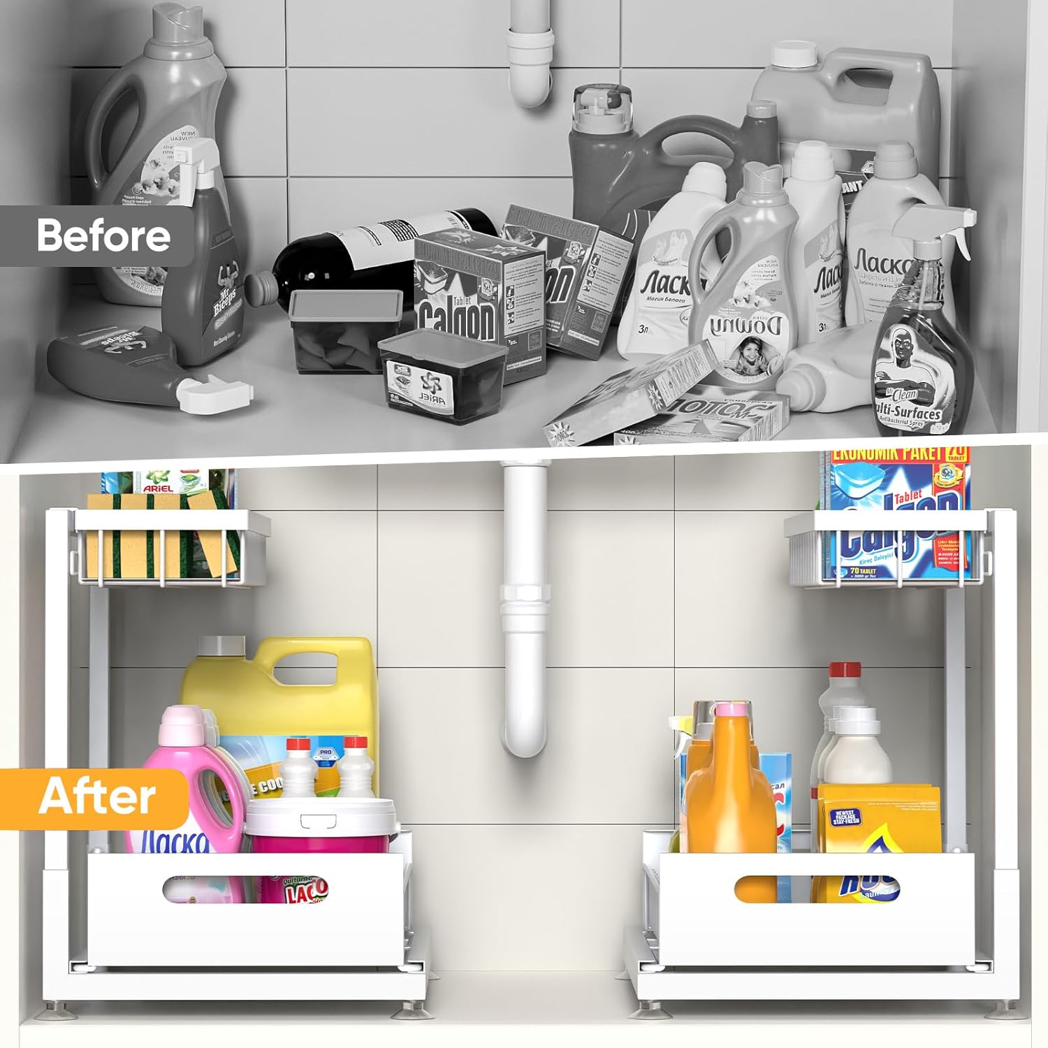 2 Pack Under Sink Organizer Storage 2-Tier Premium Metal Pull-Out Racks, Height Adjustable, Easy Installation | Kitchen & Bathroom Organizers White