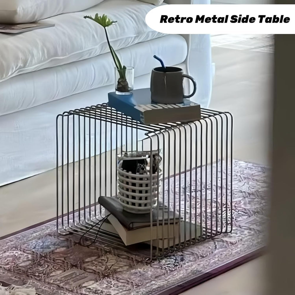 Stainless Steel Side Table, Metal Side Table with Wire Cube Storage, Retro Sq...