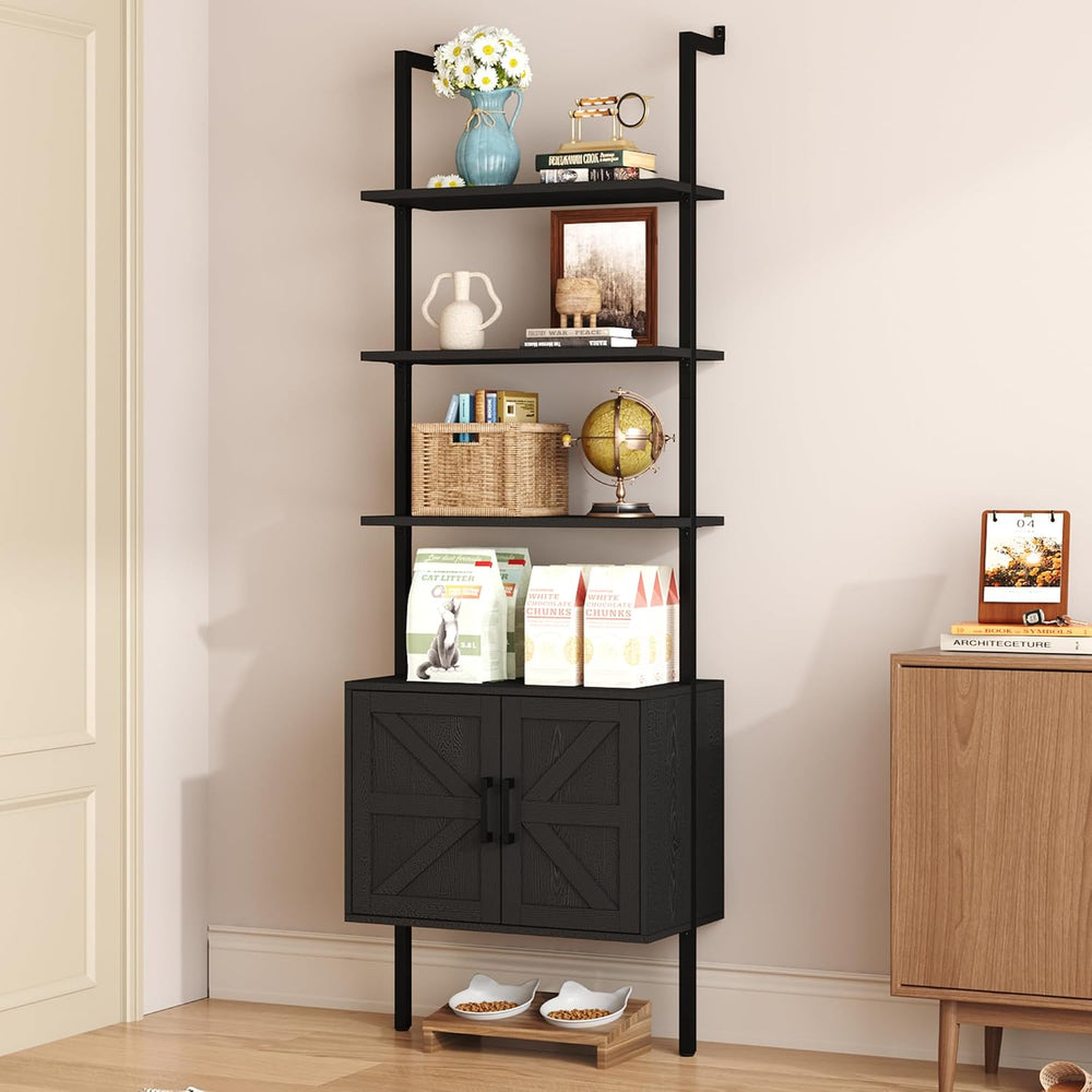 Yusong 73" Tall Bookshelf with Cabinet, Industrial Ladder Wall Mount She...