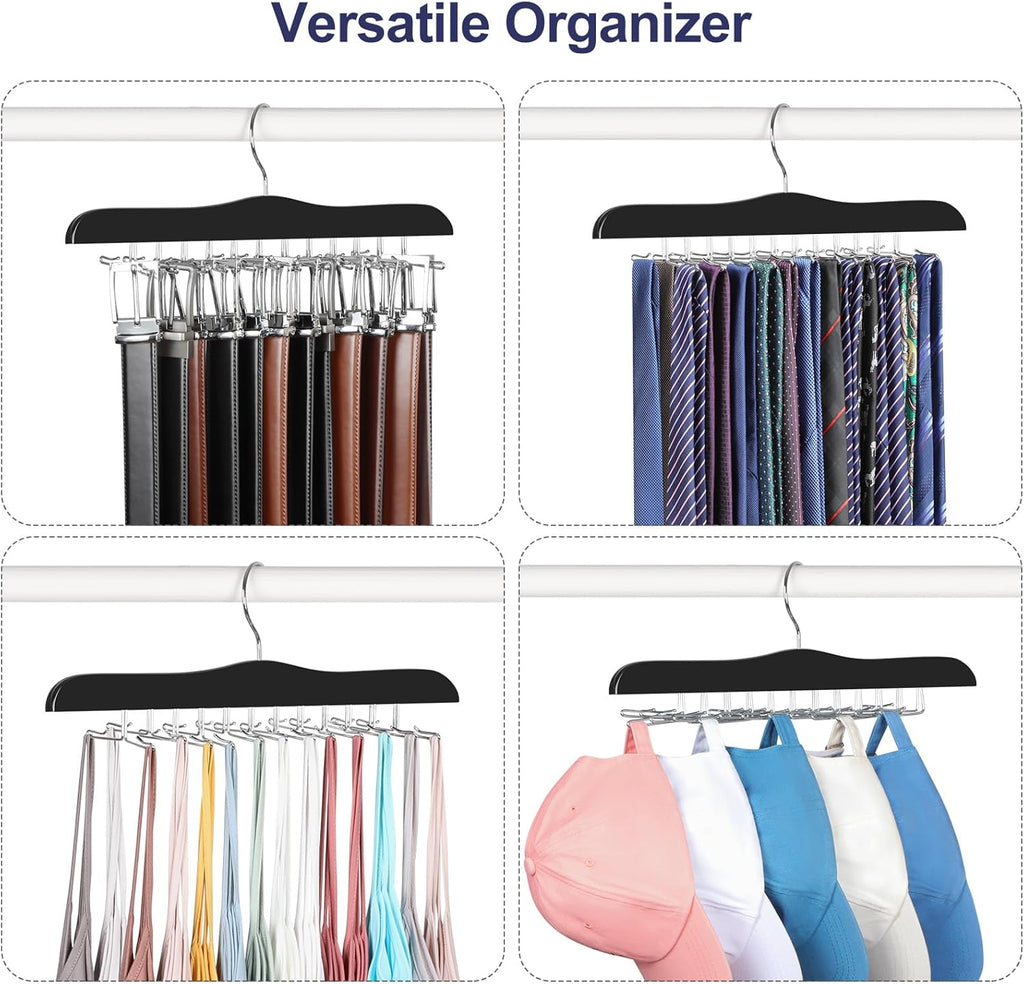 TOPIA HANGER Tie Rack Hanger for Closet, Wooden Tie Organizer for Men with 24 Folding Hooks, Space Saving Necktie Holder for Storage and Display Bra, Tank Top, Camisole (1-Pack), Black- CT14B