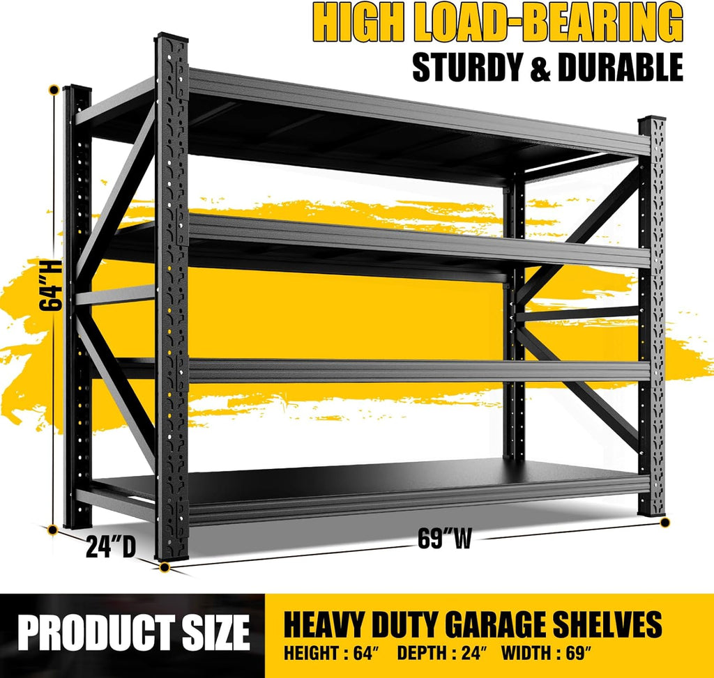 69"Wide Garage Shelving 5000LBS Heavy Duty Storage Shelves, 4 Tier Metal Shelving Unit,Adjustable Heavy Duty Shelving for Garage, Basement, Warehouse, Storage Room, 69" W x 24" D x 64" H Black