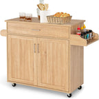 TANGZON Kitchen Island on Wheels, Rolling Storage Trolley with Large Cabinet, Drawer, Adjustable Shelf, Wood Worktop, Spice & Towel Rack, Utility Serving Cart for Dining Living Room (Natural)