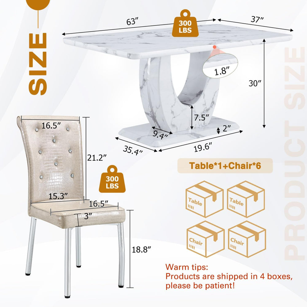 JUFU 63-Inch Faux Marble Dining Table Set for 6, Beige Chairs, Silver Legs | ...