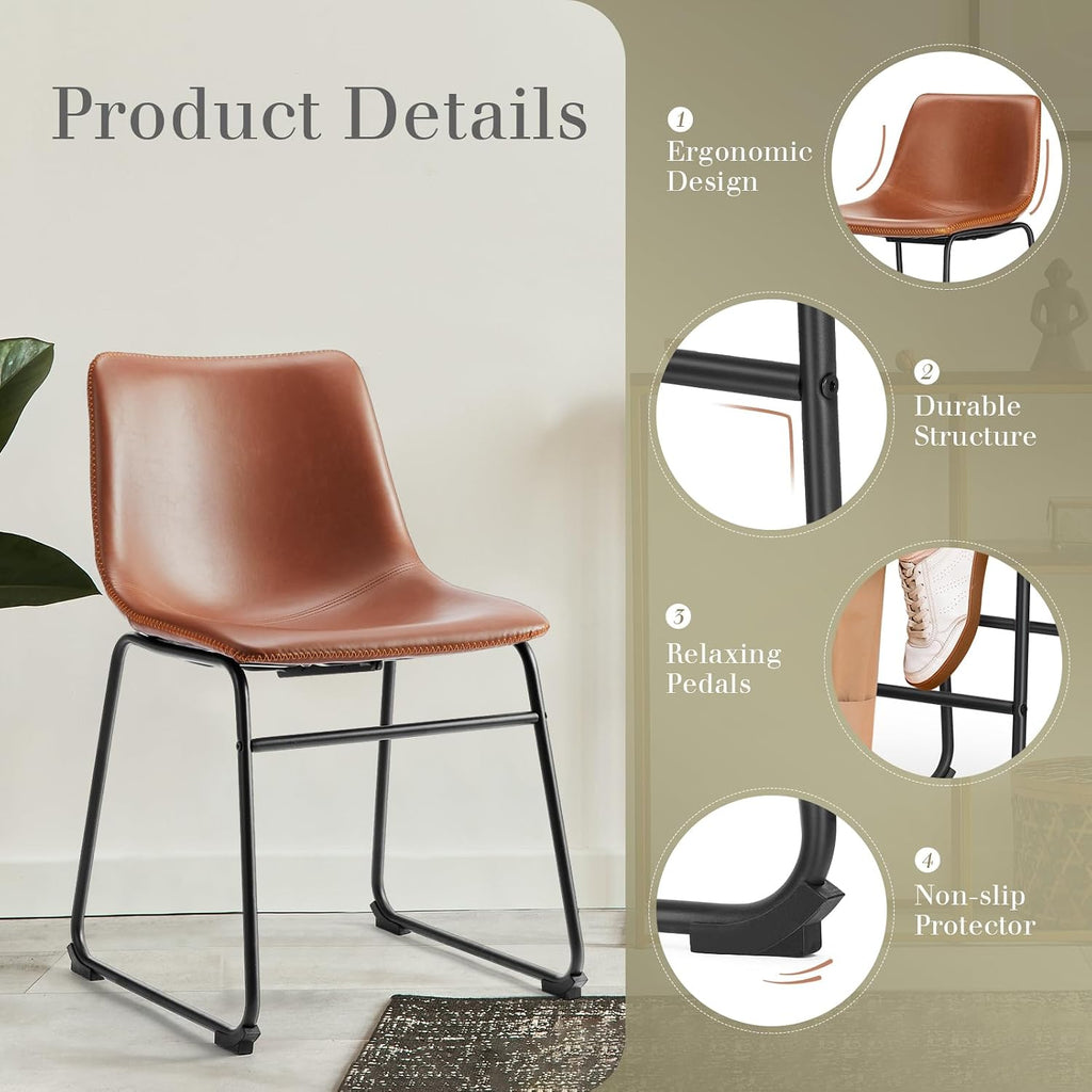 NEWBULIG Dining Table Height Barstools with Leather Back Matel Bar Stool Chairs for Kitchen, Set of 2 16 inch, Whiskey Brown