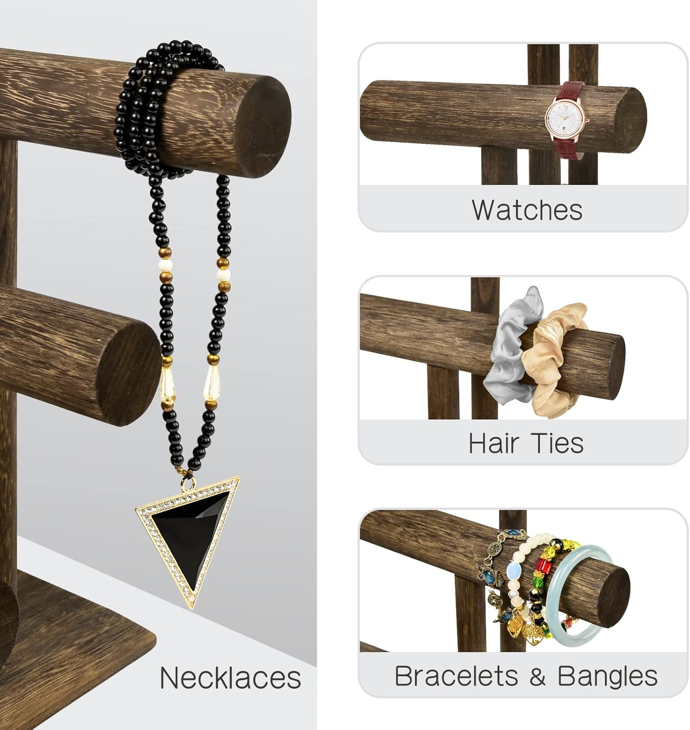 LadyRosian Wooden Bangle Display Holder Stand,3-Tier Wooden Rotating Jewelry Display Stand (Brown-3 layers)