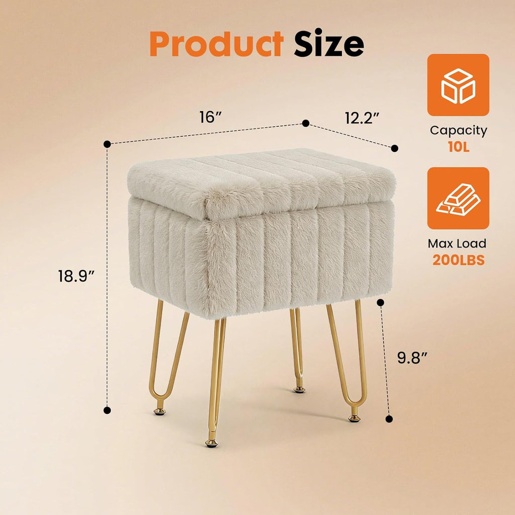 DUMOS Vanity Stool Chair with Storage, Small Ottoman Faux Fur Soft Padded Footstools Seat with 4 Metal Legs Anti-Slip Adjustable Feet Modern Footrest for Home Entryway Bedroom Makeup Camel