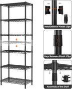 SINGAYE 6 Tier Adjustable Storage Shelf Wire Shelving Unit Metal Shelves Standing Closet Bathroom Organizers Pantry Kitchen Garage Laundry Room Organization Home Rack 12" D X 22" W X 69.5" H Black
