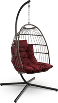 SereneLife Hanging Egg Chair w/Stand - Wicker Rattan Swing, Padded Cushion | Foldable Design, Weather-Resistant Cushion & Padded Headrest Included, 350 lb Capacity, Great for Patio, Backyard & Bedroom.