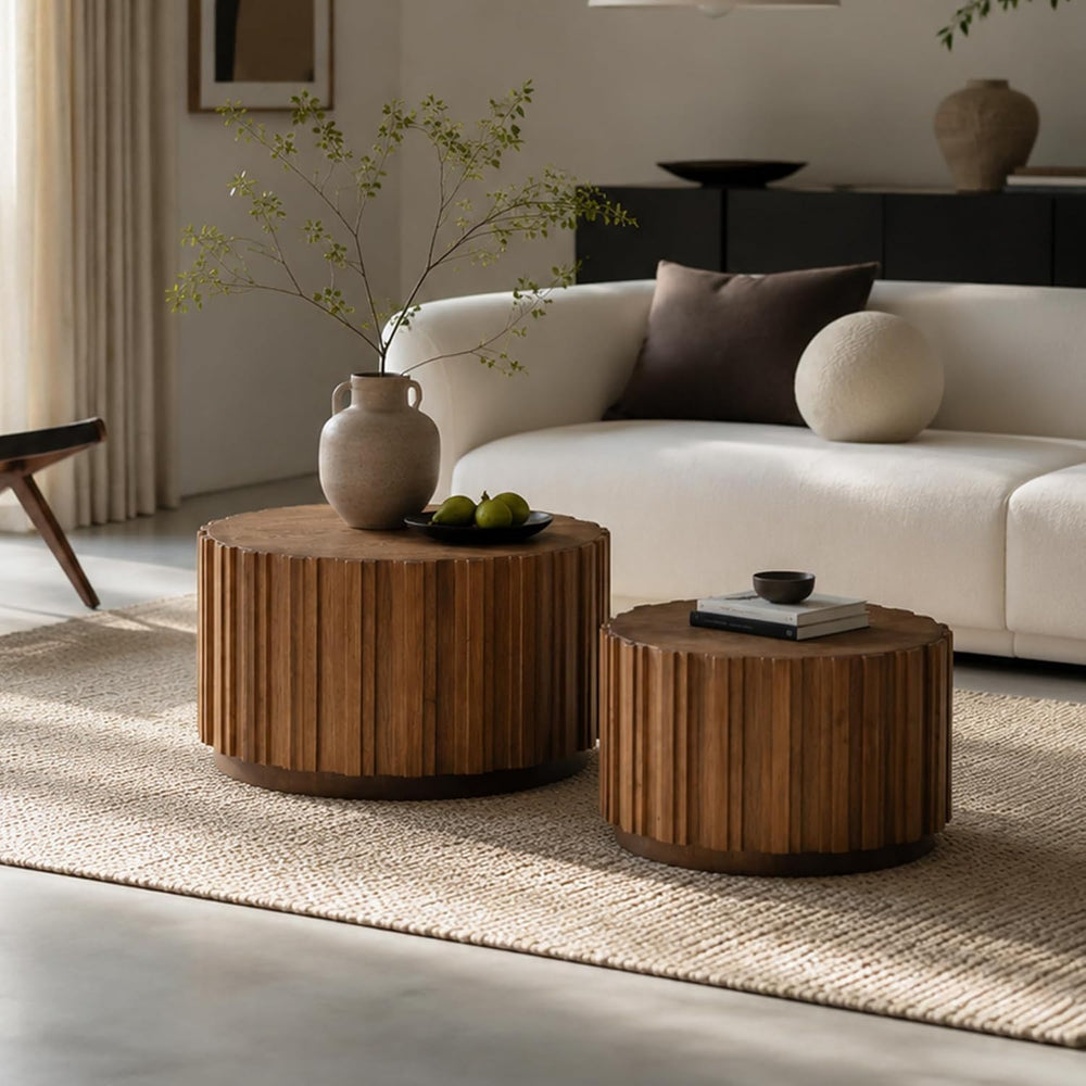 SSLine Fluted Round Nesting Coffee Table Set of 2, Mid-Century Wooden Drum Co...