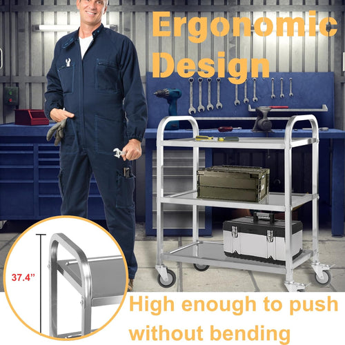 3 Shelf Stainless Steel cart,400 lbs,1MM Thick，Serving cart with Wheels, Household, Service Trolley,360°Rotation Storage Shelf with Locking Wheels 29.5 * 15.7 * 37.4'' L*W*H S.