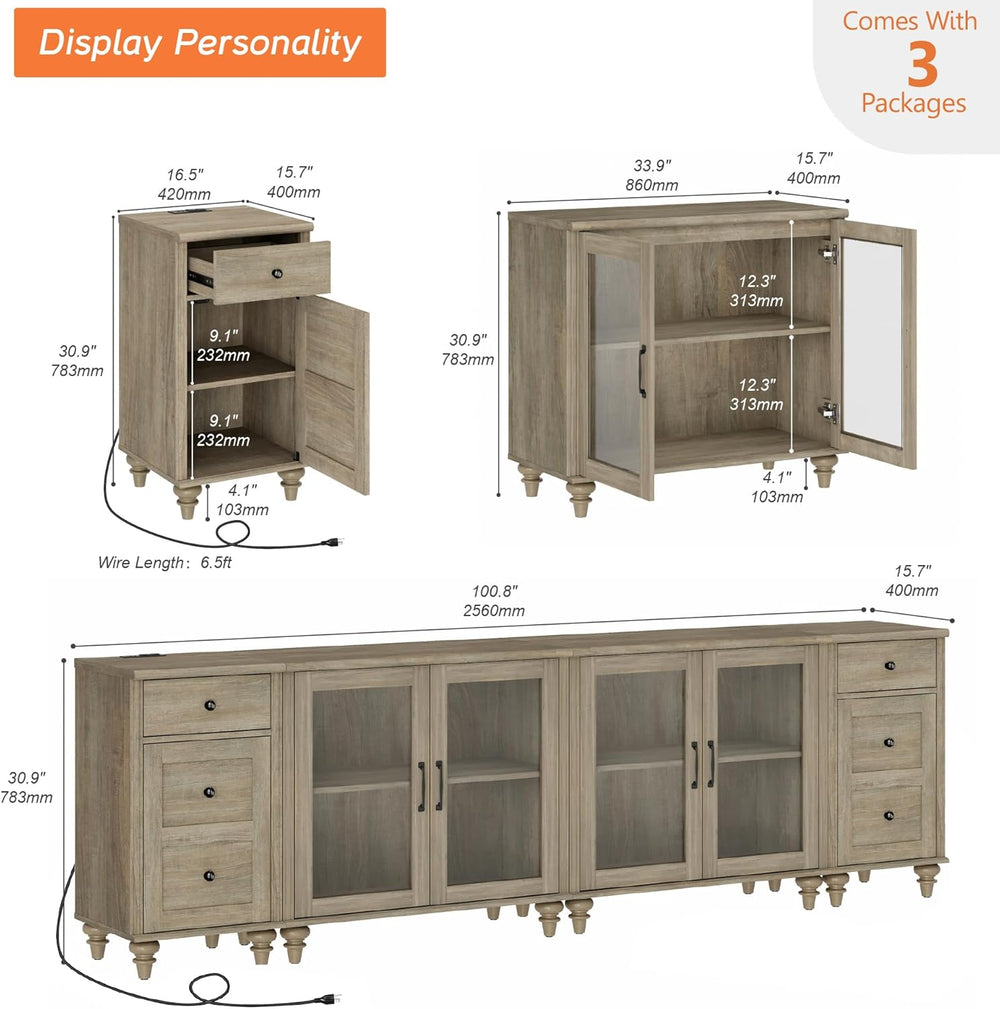 WAMPAT Sideboard Buffet Cabinets with 4-Glass Door, 4-in-1 Kitchen Storage Ca...