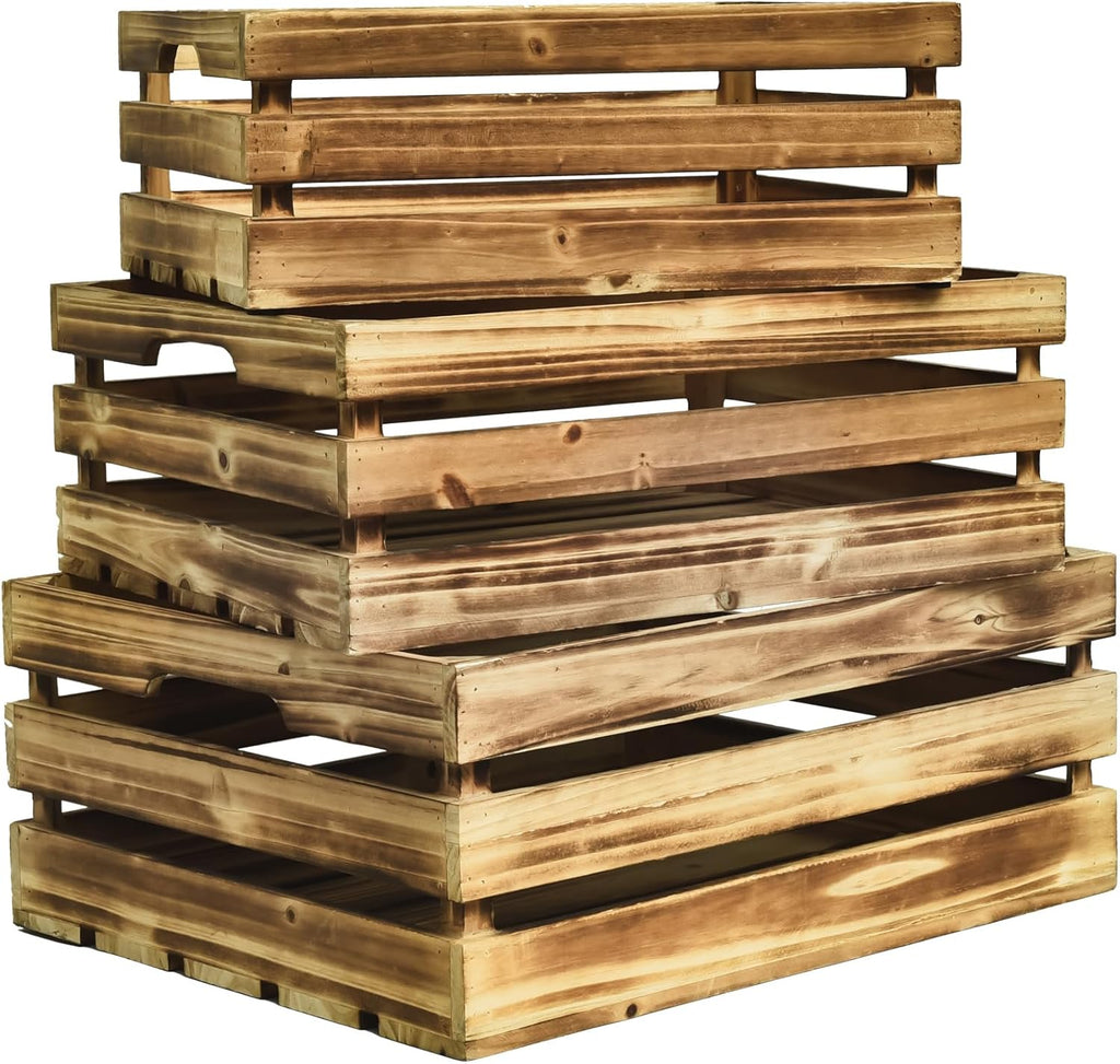 Wooden Crates Set of 3 - Large Rustic Wood Nesting Crates for Decoration, Display, Storage Boxes brown wooden crates farmers market deco wooden crates (Brown)